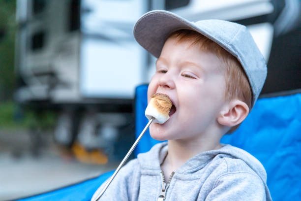 istock Little Redhead Boy Eating a Marshmallow in Camping in Summer 1201902249