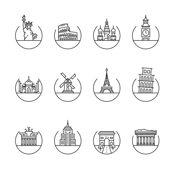 랜드마크 아이콘 디자인의 씬 라인 컨셉 - clock tower illustrations stock illustrations