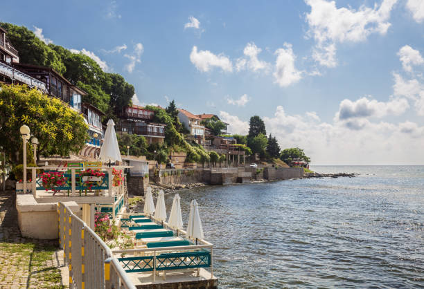 Outdoor cafes and restaurants on the Black sea coast in old town of Nessebar. Sea resort in Bulgaria