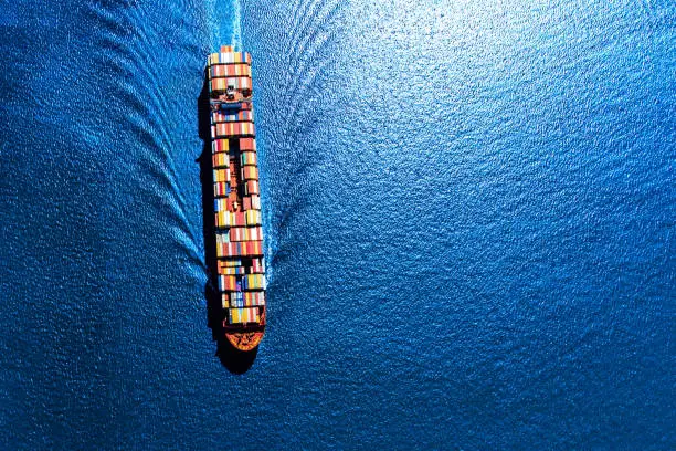 A fully loaded container ship heading toward the Port of Houston from the Gulf of Mexico.