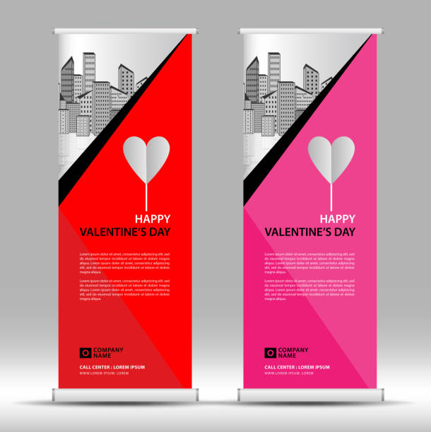 ilustrações de stock, clip art, desenhos animados e ícones de valentine's day roll up banner stand template, pull up, display, advertisement, business flyer, poster, presentation, corporate, web banner, vector illustration - inkjet