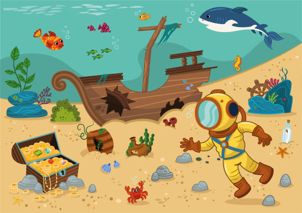 Diver and Treasure Chest. Diver and treasure chest. Vector illustration. sunken stock illustrations