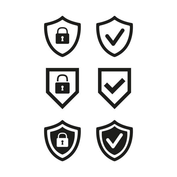 tarcza z zabezpieczeniami i ikoną znacznika wyboru na białym tle. - secrecy lock locking safe stock illustrations