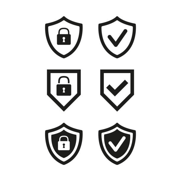 Shield with security and check mark icon on white background. Vector illustration