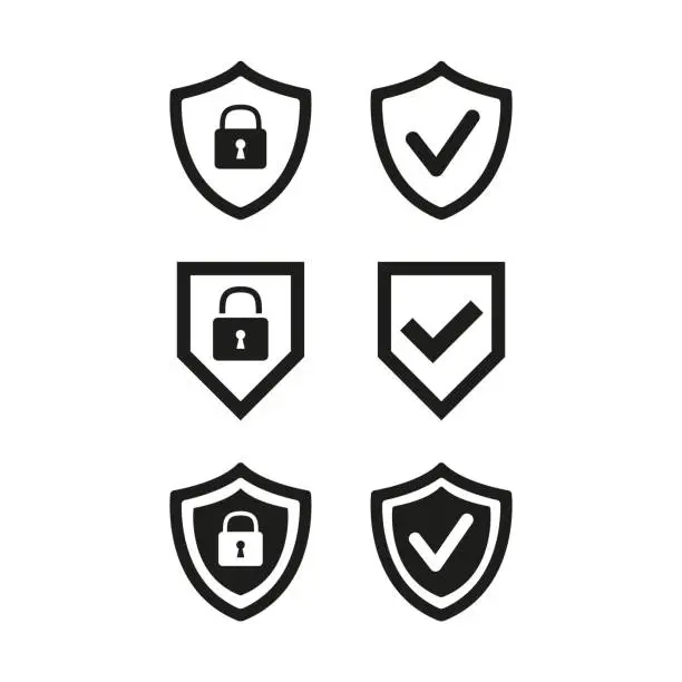Vector illustration of Shield with security and check mark icon on white background.