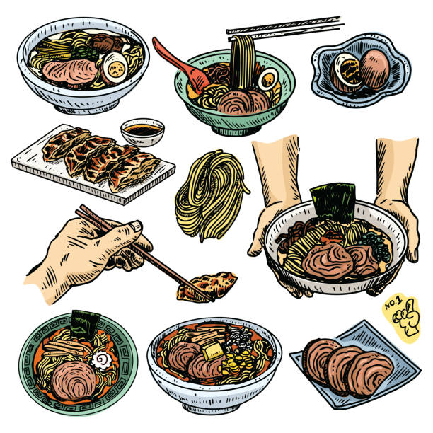 illustrations, cliparts, dessins animés et icônes de croquis de nourriture de cru, menu japonais dessiné à la main de ramen, vecteur - cuisine japonaise