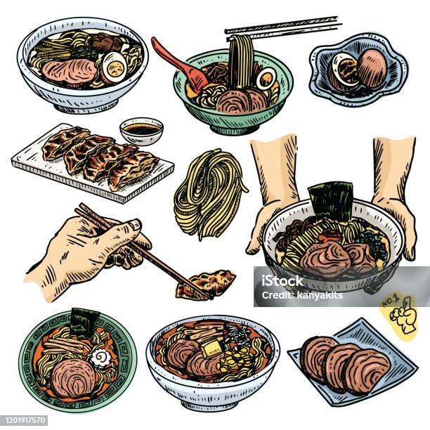 Vintage Food Sketch Hand Drawn Japanese Ramen Menu Vector Stock Illustration - Download Image Now