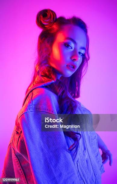 Fashion Model Girl In Neon Lights Stock Photo - Download Image Now - Fashion, Neon Lighting, Women
