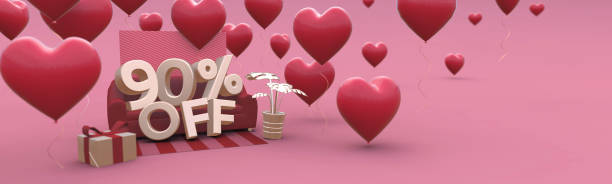istock 90 Ninety percent off - Valentines Day Sale horizontal 3D-banner with copy space. 1201921411