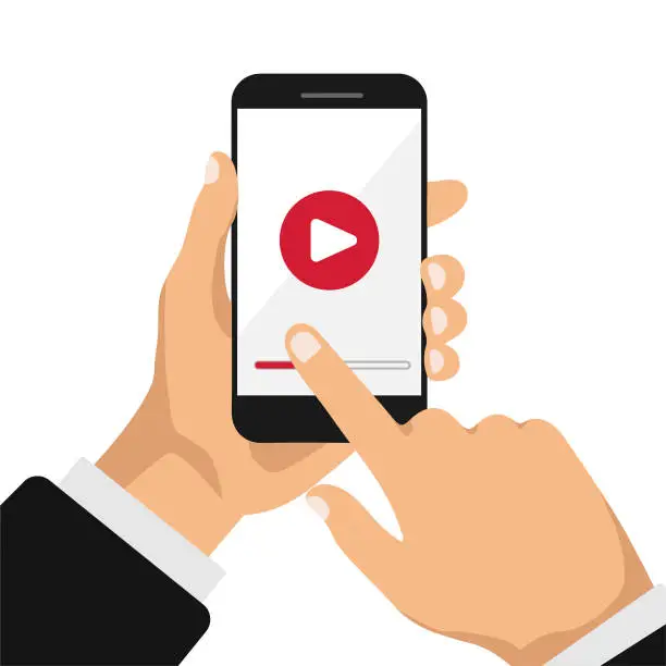 Vector illustration of Hand holds phone with video or movie player template on a screen.