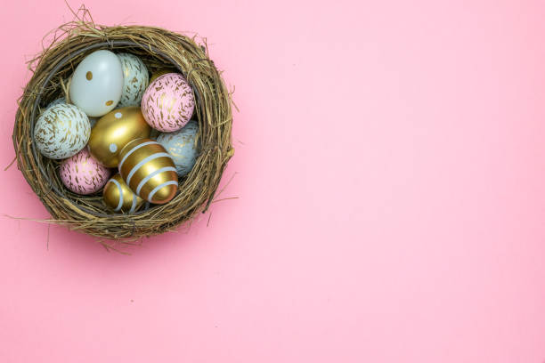 istock Happy Easter background. Colorful shine decorated eggs isolated on pink. For greeting card, promotion, poster, flyer, web-banner, article 1201934442