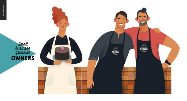 Owners - small business graphics Owners -small business owners graphics. Modern flat vector concept illustrations - young red-haireded woman wearing white apron, with a cake, two young men standing embraced at the wooden counter barista stock illustrations