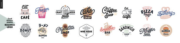 Icons - small business graphics - cafe and restaurants Icons - cafe and restaurants. Cat cafe, frozen yoghurt bar, donut, ramen, craft beer pub, cake, chocolate, wine house, coffee shop, smoothie bar, sandwich, pizza, bakery, muffins, cupcakes, burger beer brands stock illustrations