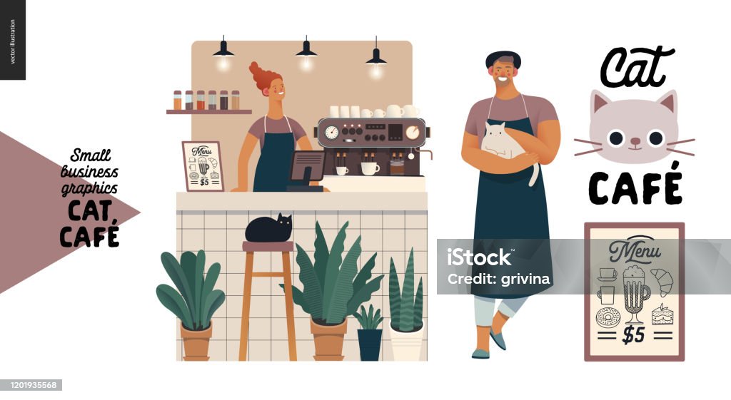 Café Cat - gráficos para pequeñas empresas - propietario y barista - arte vectorial de Barista libre de derechos