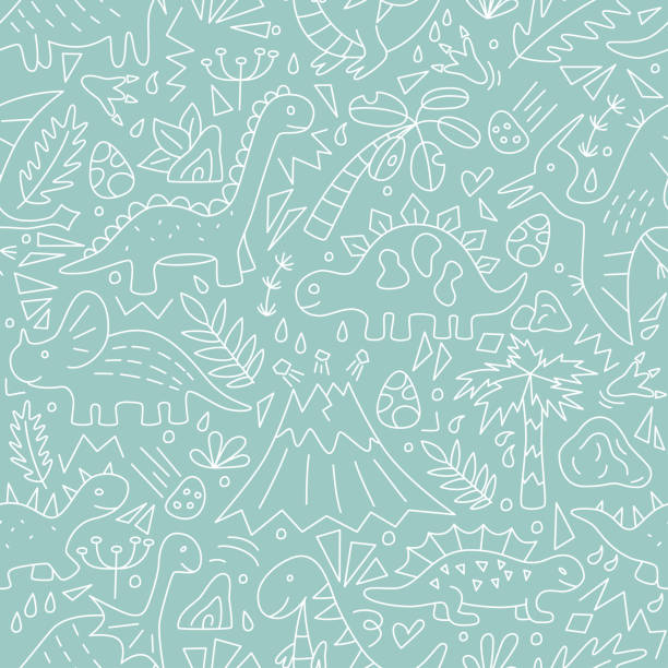 Cute doodle dinosaurs. Seamless pattern. Vector illustration in doodle style. Hand drawn. Cute doodle dinosaurs. Seamless pattern. Vector illustration in doodle style. Hand drawn. Linear ornithischia stock illustrations