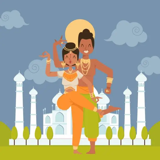 Vector illustration of Indian dancers cartoon characters, vector illustration. Happy dancing couple, man and woman performing at Taj Mahal palace in India. People in traditional costumes, exotic dance