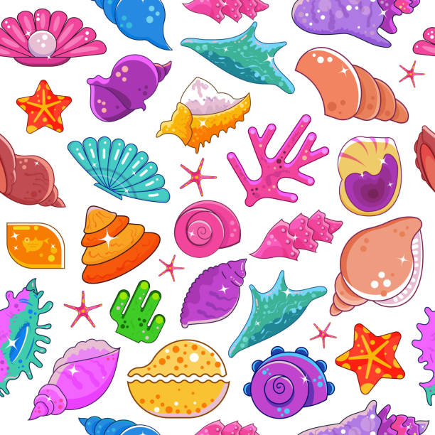 illustrations, cliparts, dessins animés et icônes de coquilles de mer dessin animé multi coloré illustration sans couture de vecteur de modèle. seashells conques corail étoile de corail perle marine mer plage de fond de fond exotique. - pearl shell starfish beach