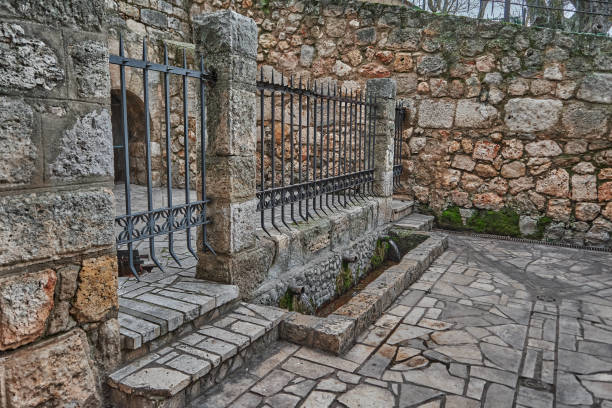 istock Natural spring water, where fresh and pure water comes from. Concept: nature, purification, freshness. San Juan Fountain. Jewel of Visigoth art in Baños de Cerrato, Palencia, Spain 1201946457