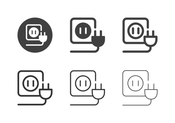 ilustraciones, imágenes clip art, dibujos animados e iconos de stock de iconos de enchufe eléctrico - serie múltiple - electric plug outlet electricity cable