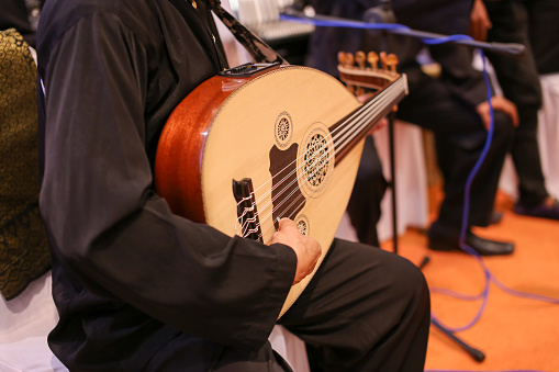 A man playing a Gambus on a wedding event, a musical instrument used for the famous Ghazal traditional song in the state of Johor.