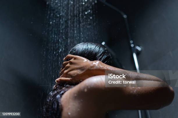 Woman Bathing And Washing Her Hair Relaxed Stock Photo - Download Image Now - Taking a Bath, Women, Adult