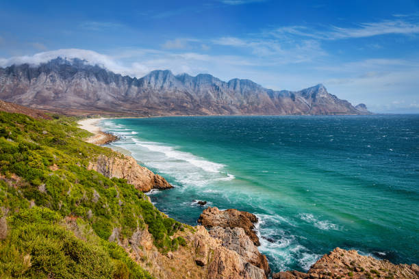 Beautiful view over harsh rocks and beaches, ocean view from Chapman's Peak Drive, one of the most spectacular marine roadtrip drives in the world. Cape Town, South Africa, Africa.