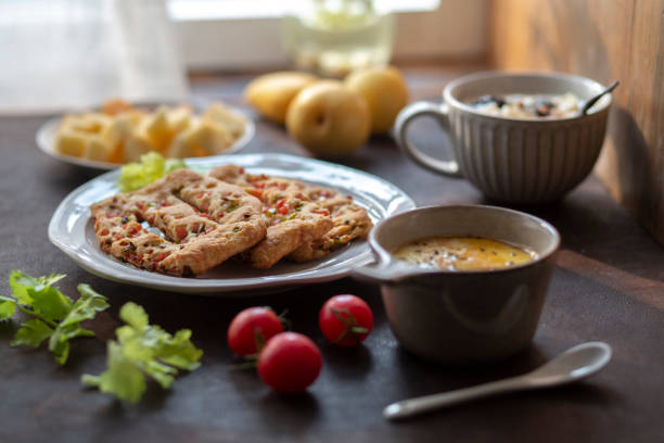 homemade breakfast: ham pepper flatbread, steamed egg, yogurt and fruits