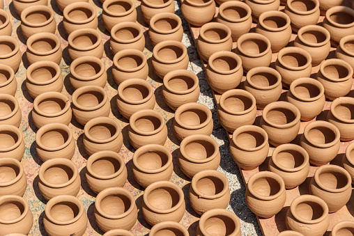 Clay products in pottery studio drying