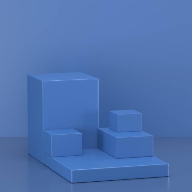 istock 3d render. Minimal abstract background. Blank mockup, empty wall, fashion podium, vacant pedestal, cylinder steps, stage interior, showcase. Modern concept. Classic blue color of the year 2020 1202006550