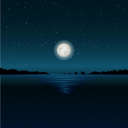 Lunar night, starry sky, moon glade on lake water, vector illustration. Full moonlight reflection on water in darkness. Beautiful romantic nature landscape.