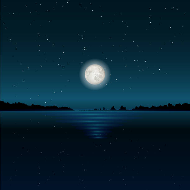 Beautiful moon glade on lake water, vector illustration Lunar night, starry sky, moon glade on lake water, vector illustration. Full moonlight reflection on water in darkness. Beautiful romantic nature landscape. fantasy moonlight beach stock illustrations