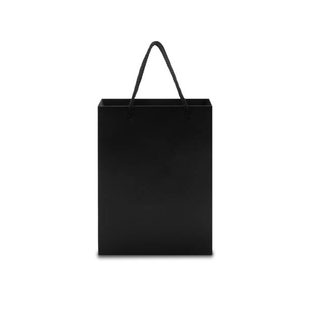 istock Black paper bag with handles in front view isolated on white background with clipping path 1202013445