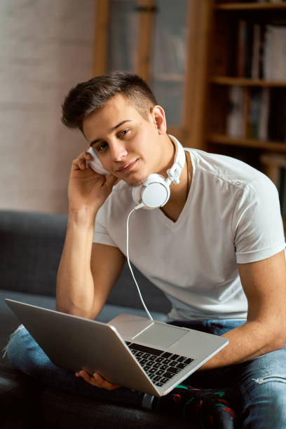 istock Young handsome man with laptop on gray sofa at home 1202015021