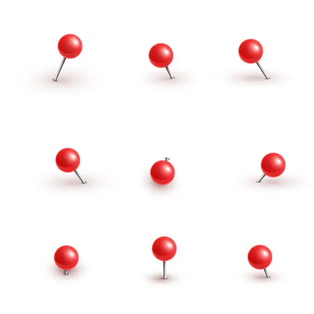 Vector illustration of Realistic vector plastic glossy red push pins at various angles set needle.