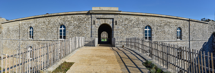 Hoedic, France - November 2, 2018 Panoramic view of the entrance to the Fort in Hoedic island. Brittany, France