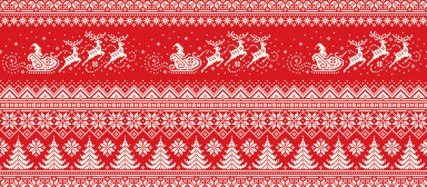 istock Santa Claus Rides Reindeer Sleigh Silhouette. Christmas Pixel Pattern. Traditional Nordic Seamless Striped Ornament. Scheme for Knitted Sweater Pattern Design or Cross Stitch Embroidery 1202023208