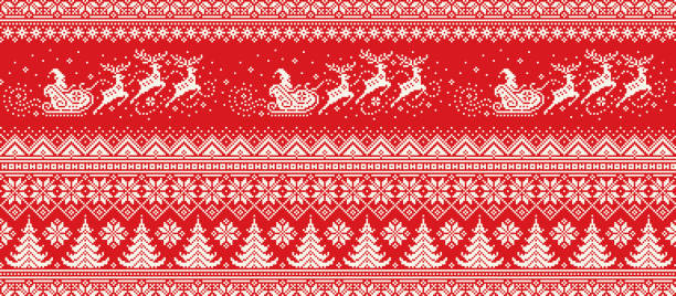 Santa Claus Rides Reindeer Sleigh Silhouette. Christmas Pixel Pattern. Traditional Nordic Seamless Striped Ornament. Scheme for Knitted Sweater Pattern Design or Cross Stitch Embroidery Santa Claus Rides Reindeer Sleigh Silhouette. Christmas Pixel Pattern. Traditional Nordic Seamless Striped Ornament. Scheme for Knitted Sweater Pattern Design or Cross Stitch Embroidery. christmas pattern pixel stock illustrations