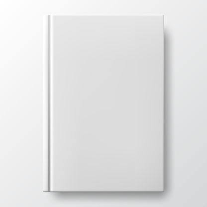 Realistic white book with a blank cover. Mock up of rotated book. Vertical closed book mockup isolated on white background. White blank cover. Book blank cover isolated mockup