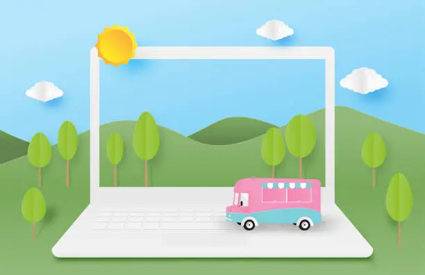 Vector illustration of Spring concept with nature landscape and the vehicle on laptop in paper cut style. Vector illustration digital craft paper art.