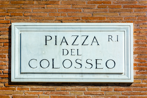 Rome, Italy - Oct 03, 2018: square  street sign on the wall in Rome, Italy