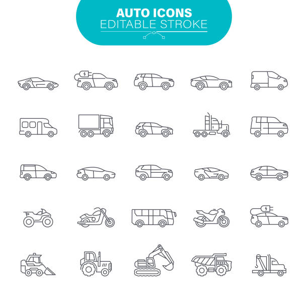 ikony samochodów. sedany i pojazdy suv, road transport editable icon set - car sedan vector land vehicle stock illustrations