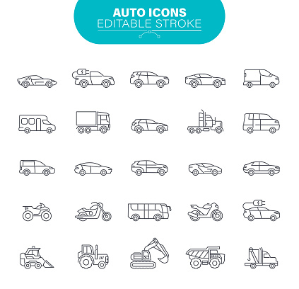 Transportation, Mode of Transport, Car, Pick-up Truck, Van - Vehicle, Land Vehicle, Outline Icon Set