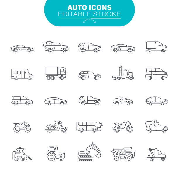 Car Icons. Sedans and SUV vehicles, Road Transport Editable Icon Set Transportation, Mode of Transport, Car, Pick-up Truck, Van - Vehicle, Land Vehicle, Outline Icon Set car truck icons stock illustrations