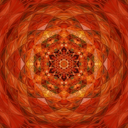 imaginative kaleidoscope patterns by reflection and  fractal mandala of farmers market stall selling organic tomato