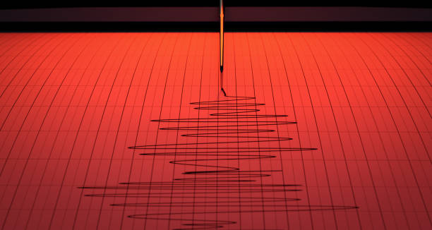지진 및 지진 활동을 묘사 하는 그래프 종이에 그리는 지진 기계 바늘의 클로즈업 을 빨간색 경고 - seismograph seismic earthquake quake 뉴스 사진 이미지