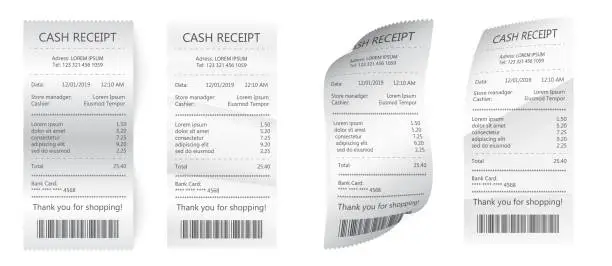 Vector illustration of Realistic payment paper bills for cash or credit card. Paper check and financial check isolated.