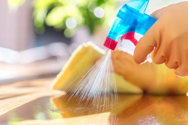 limpieza con detergente en aerosol, guantes de goma y paño de cocina en la superficie de trabajo - botella fotos fotografías e imágenes de stock
