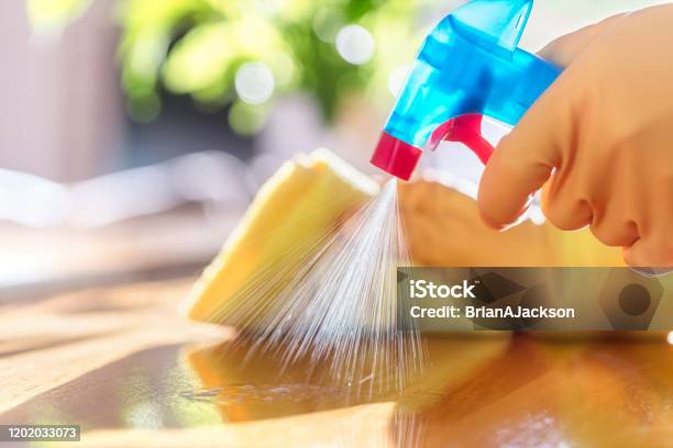 Cleaning With Spray Detergent Rubber Gloves And Dish Cloth On Work Surface Stock Photo - Download Image Now