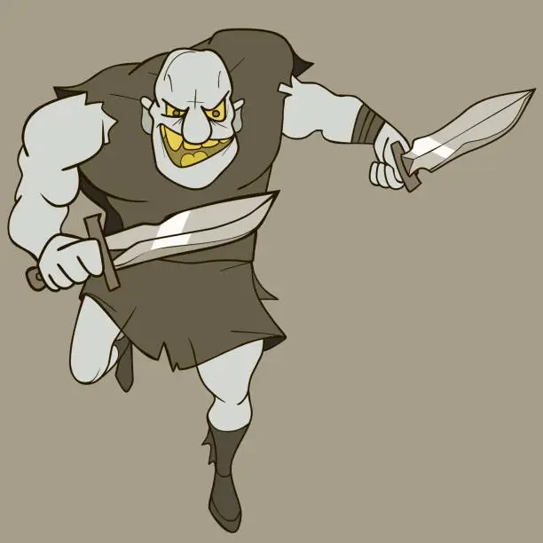 Vector illustration of scary cartoon man running with daggers in medieval clothes