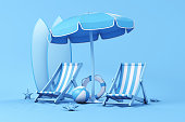 Summer Concept, beach umbrella, striped beach chairs